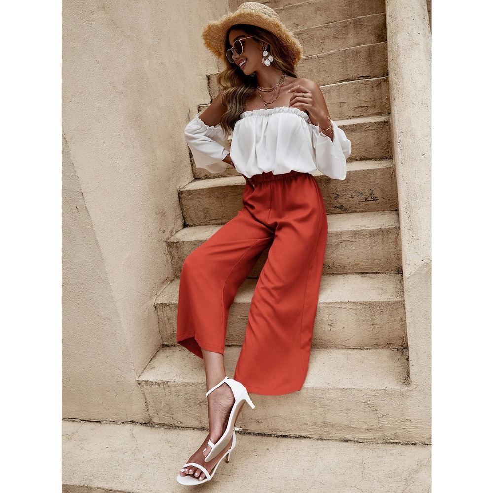 2 piece set: boho Off The Shoulder Frill Trim crop Top & wide leg pants blue - Picture 10 of 11